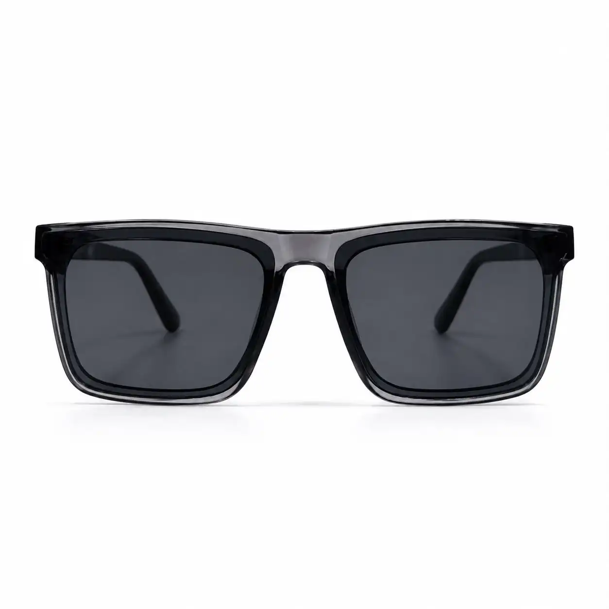 Translucent grey square-frame sunglasses with dark tinted lenses, viewed straight on for men & women.