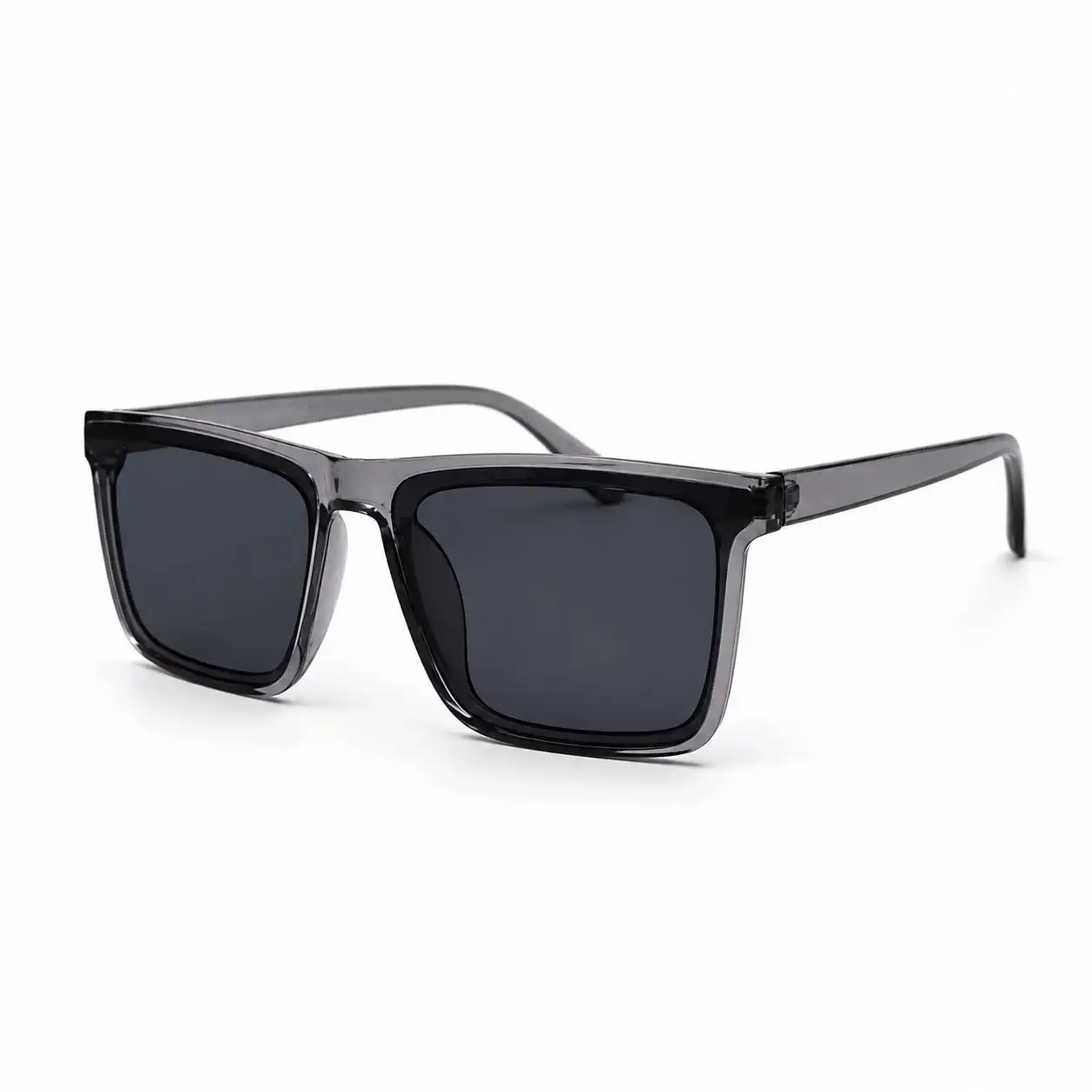 Side angle of translucent grey square-frame sunglasses showing the two-tone frame edge and dark lenses.