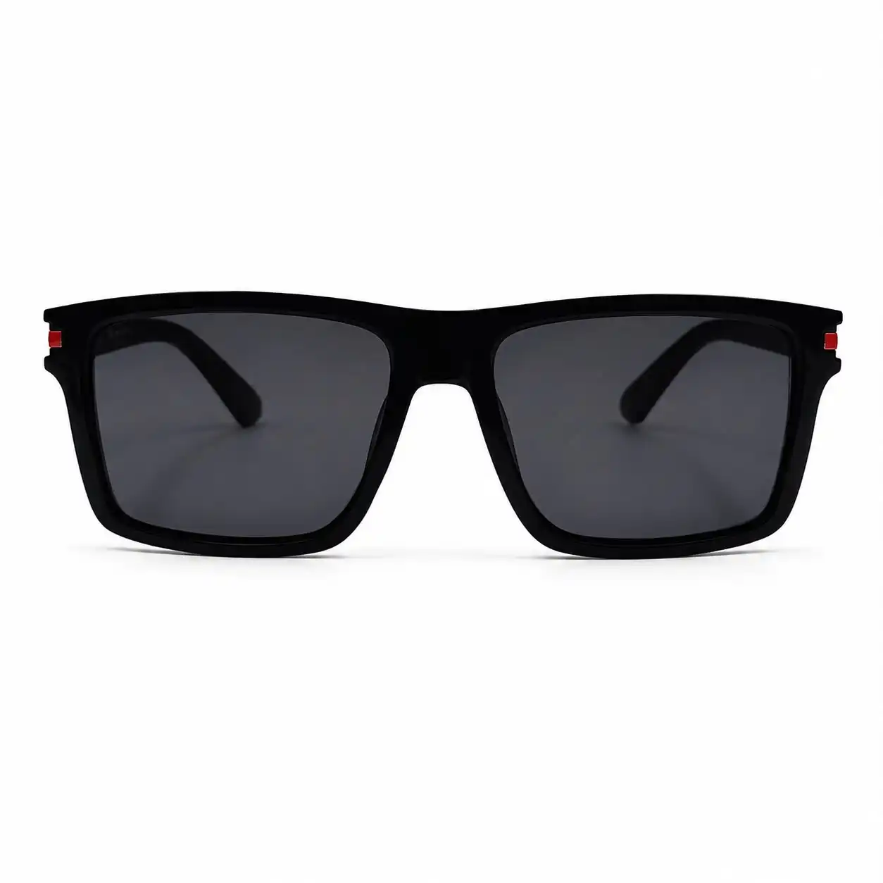 front of matte black rectangular sunglasses with red accent stripes on the temple arms and dark lenses.
