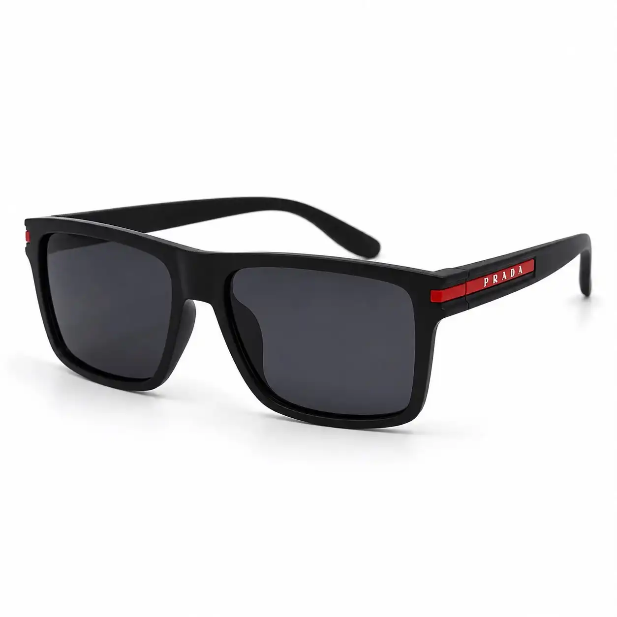 Side angle of matte black rectangular sunglasses with red accent stripes on the temple arms and dark lenses.