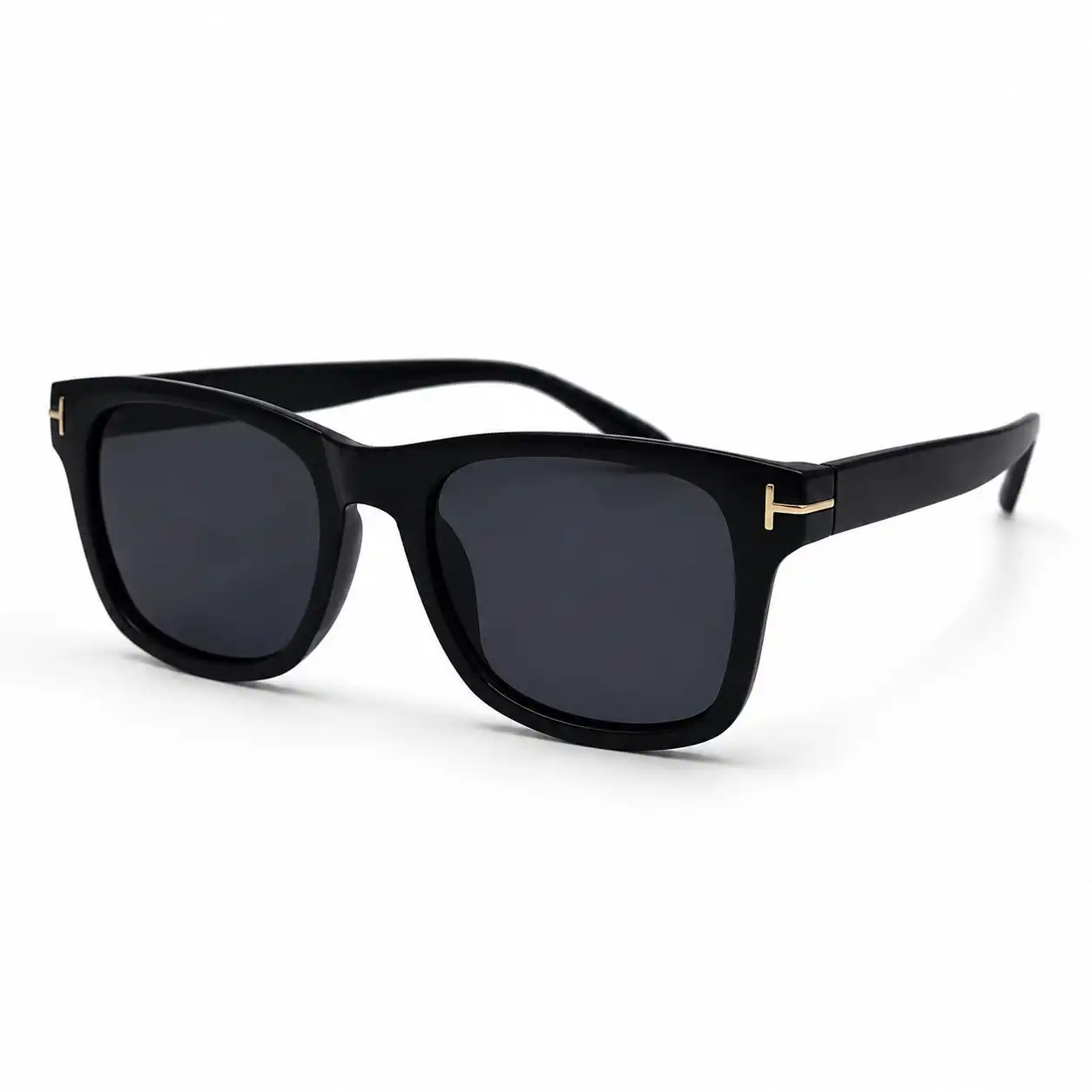 Three-quarter angle view of Bilionsun BS-0016 black square sunglasses featuring a glossy black frame, dark lenses, and signature gold T-hinge accents.