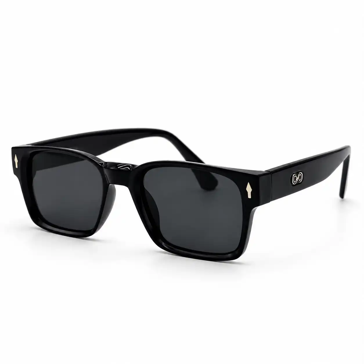 Angled view of glossy black square-frame sunglasses with dark tinted lenses and a silver arrow hinge detail.