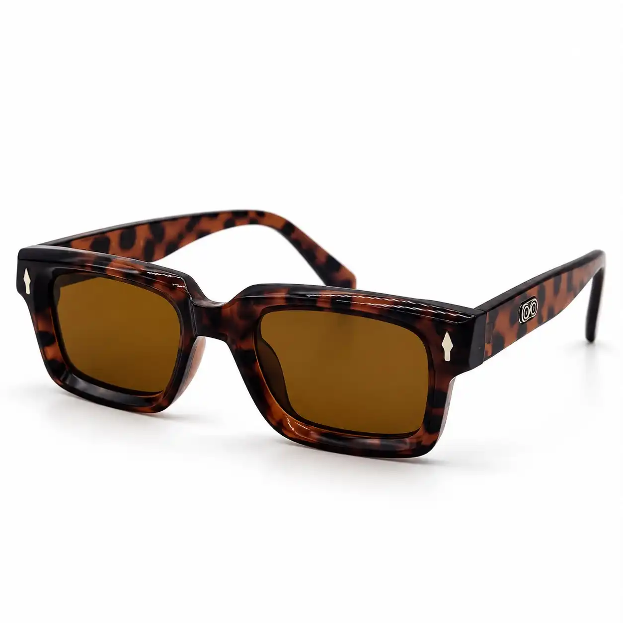 Angled view of tortoise-pattern square-frame sunglasses with brown lenses and a silver arrow hinge detail.