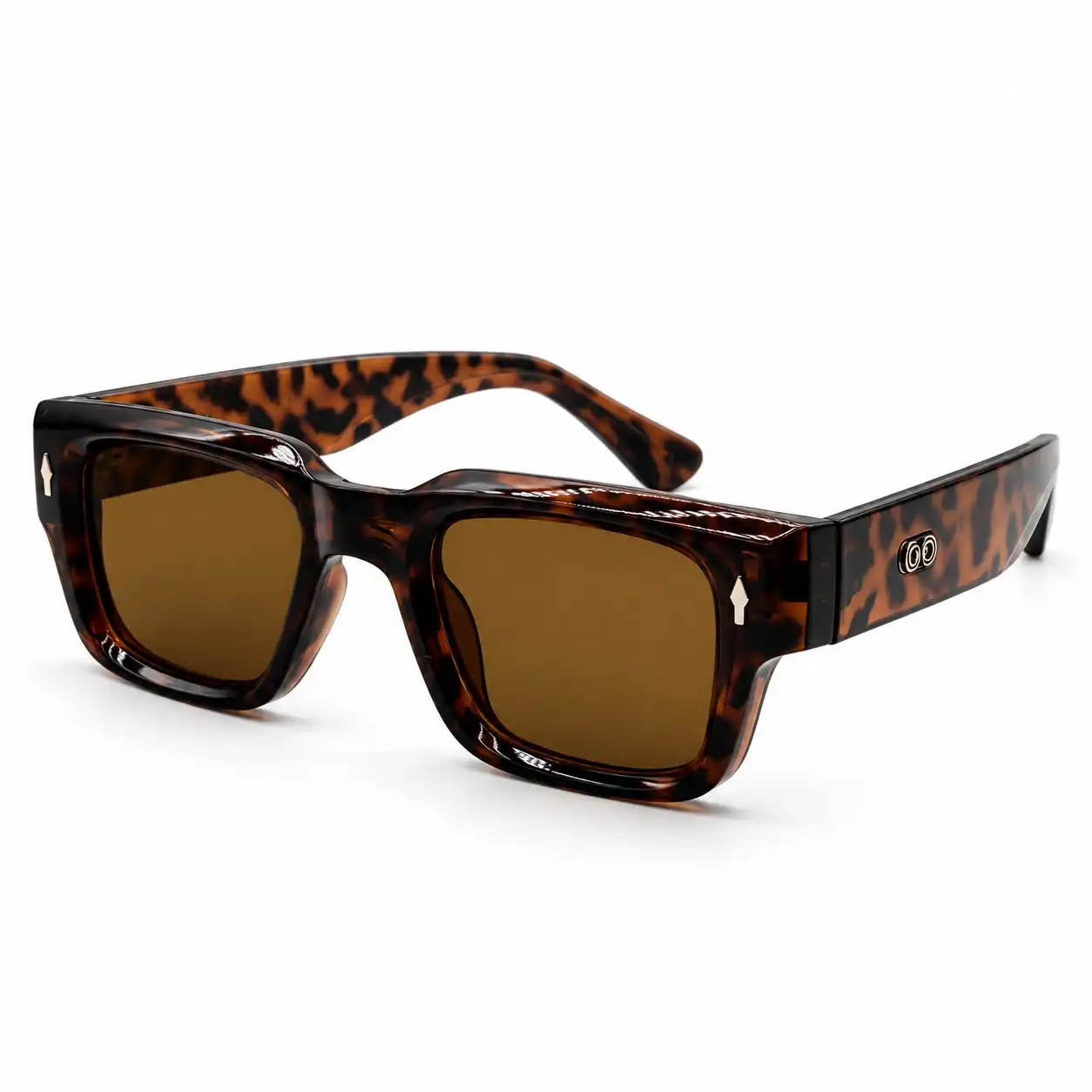 Angled view of tortoise-pattern square-frame sunglasses with brown lenses and a silver arrow hinge detail.