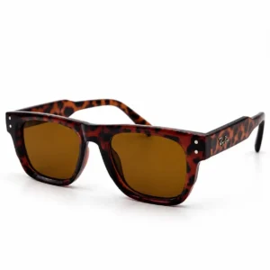 Angled view of tortoiseshell square-frame sunglasses with brown tinted lenses.