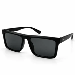 Angled view of glossy black rectangle sunglass with a flat top bar, dark polarized lenses and two silver dots on the temple.