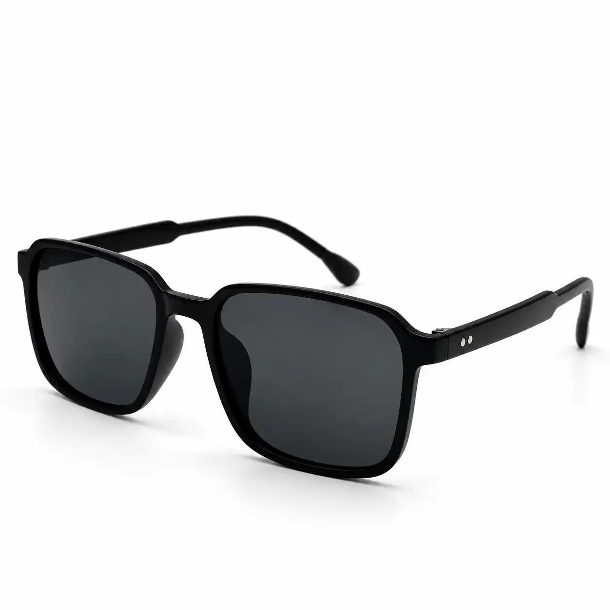 Angled view of glossy black oversized square sunglass with dark lenses and two silver dots on the temple.