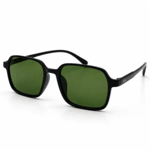 Angled view of matte black square-frame sunglass with green tinted lenses and two silver dots on the temple.